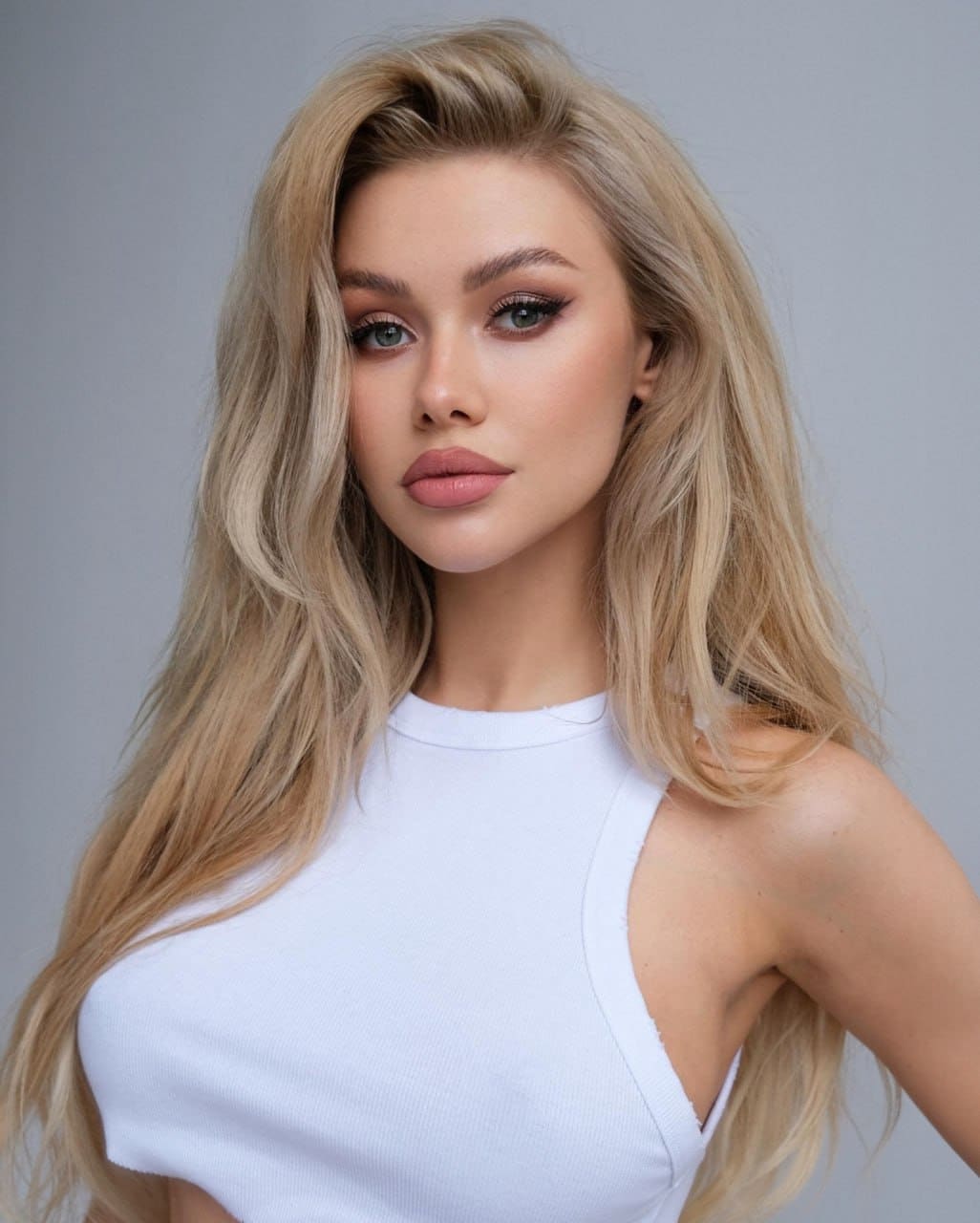 Karolina with long wavy blonde hair wears a white sleeveless top with a shoulder cutout, posing against a plain gray background.
